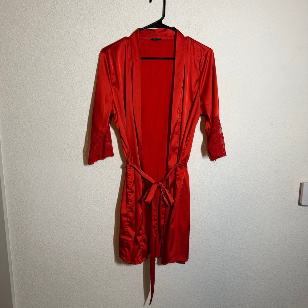 Hotouch Red Satin Robe Lace Trim Short Kimono Wrap Sleepwearβ Nightgown S